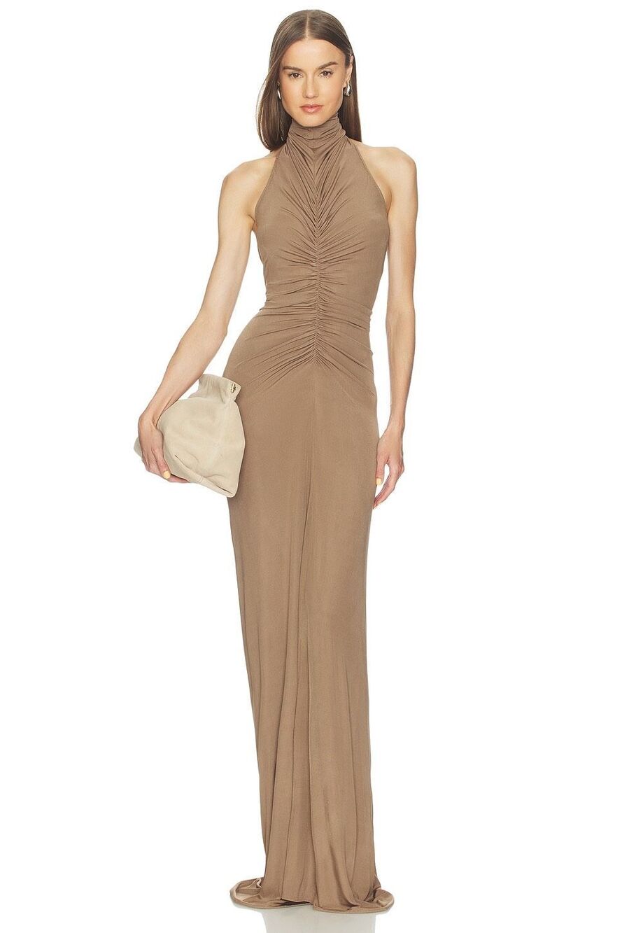 ATLEIN Halter Neck Front Ruched Gown in Saumatre Size IT 36 / US 2 $850